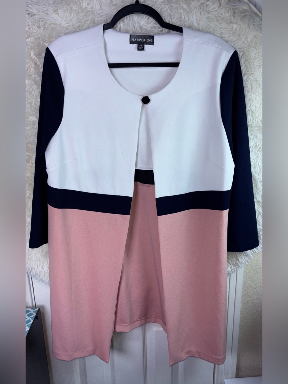 Harper 241 Colorblock Open Front Jacket - White, Navy & Dusty Pink